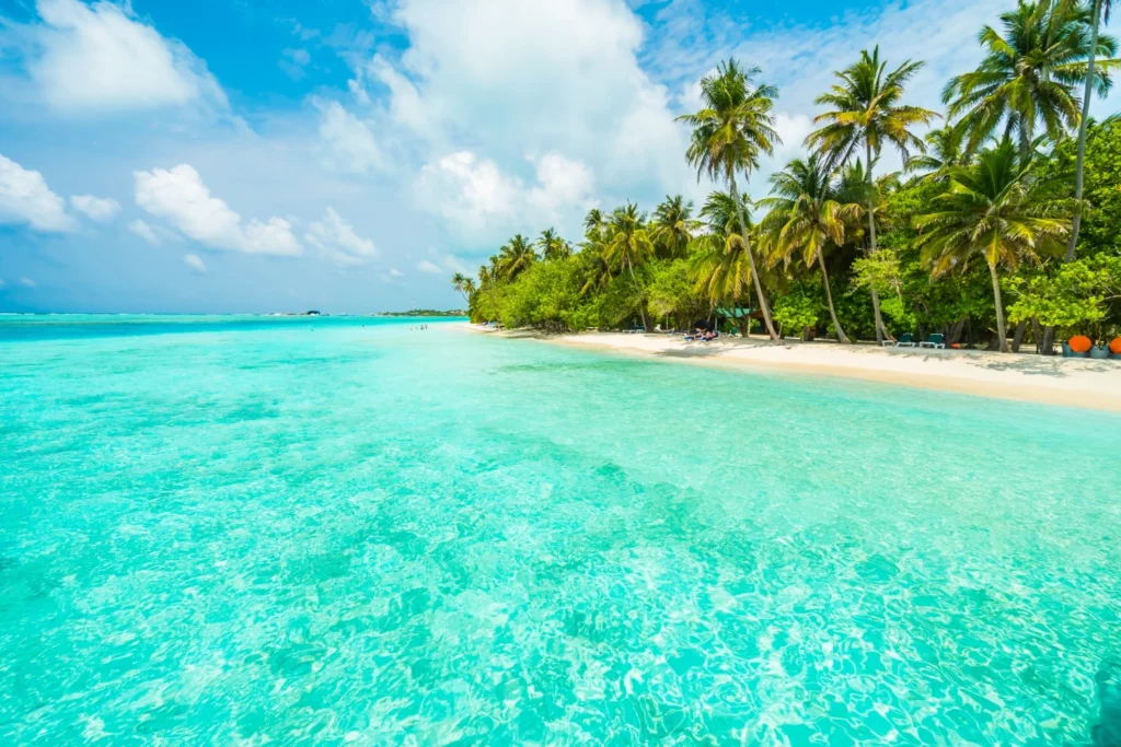 Le lagon paisible de Bora Bora entouré de sable blanc éclatant, idéal pour des vacances d'été relaxantes et mémorables.